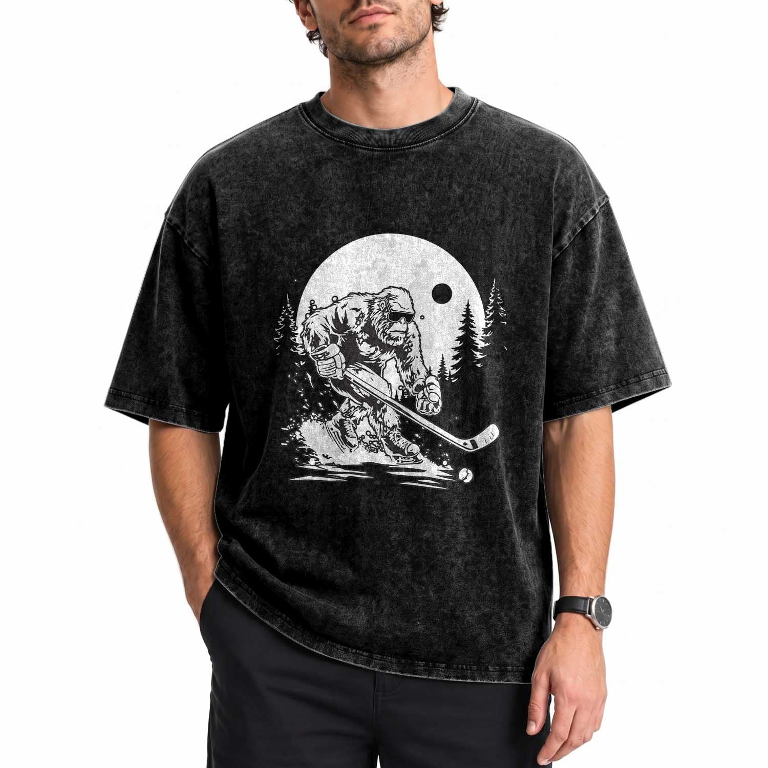 Bigfoot Playing Ice Hockey Washed Cotton T-Shirt Funny Cryptid Sports Gift