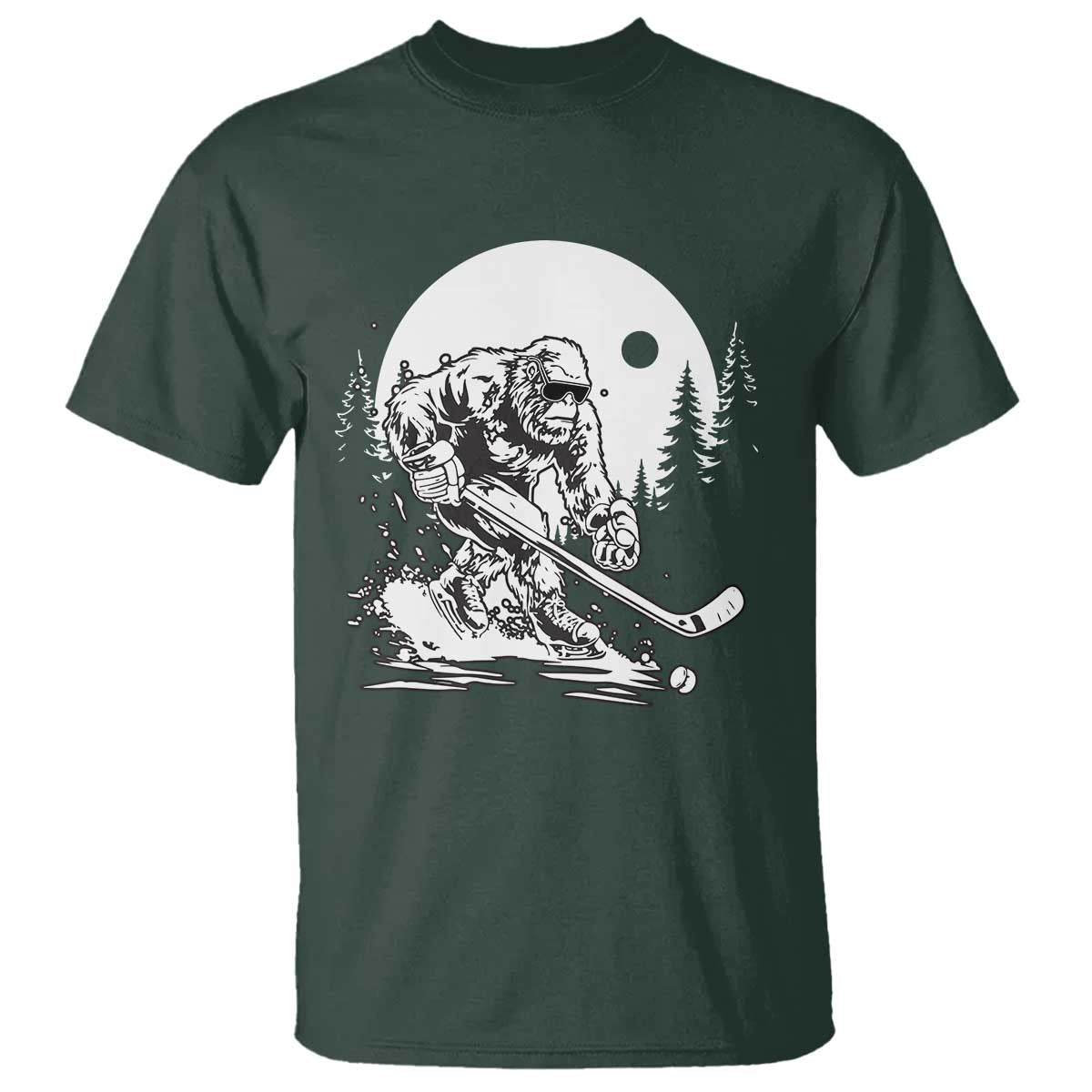 Bigfoot Playing Ice Hockey T Shirt Funny Cryptid Sports Gift TS12 Dark Forest Green Print Your Wear
