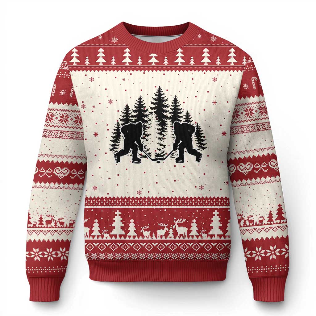 Funny Bigfoot Playing Ice Hockey Ugly Christmas Sweater Cryptid Lover Gift TS12 Beige Red Print Your Wear