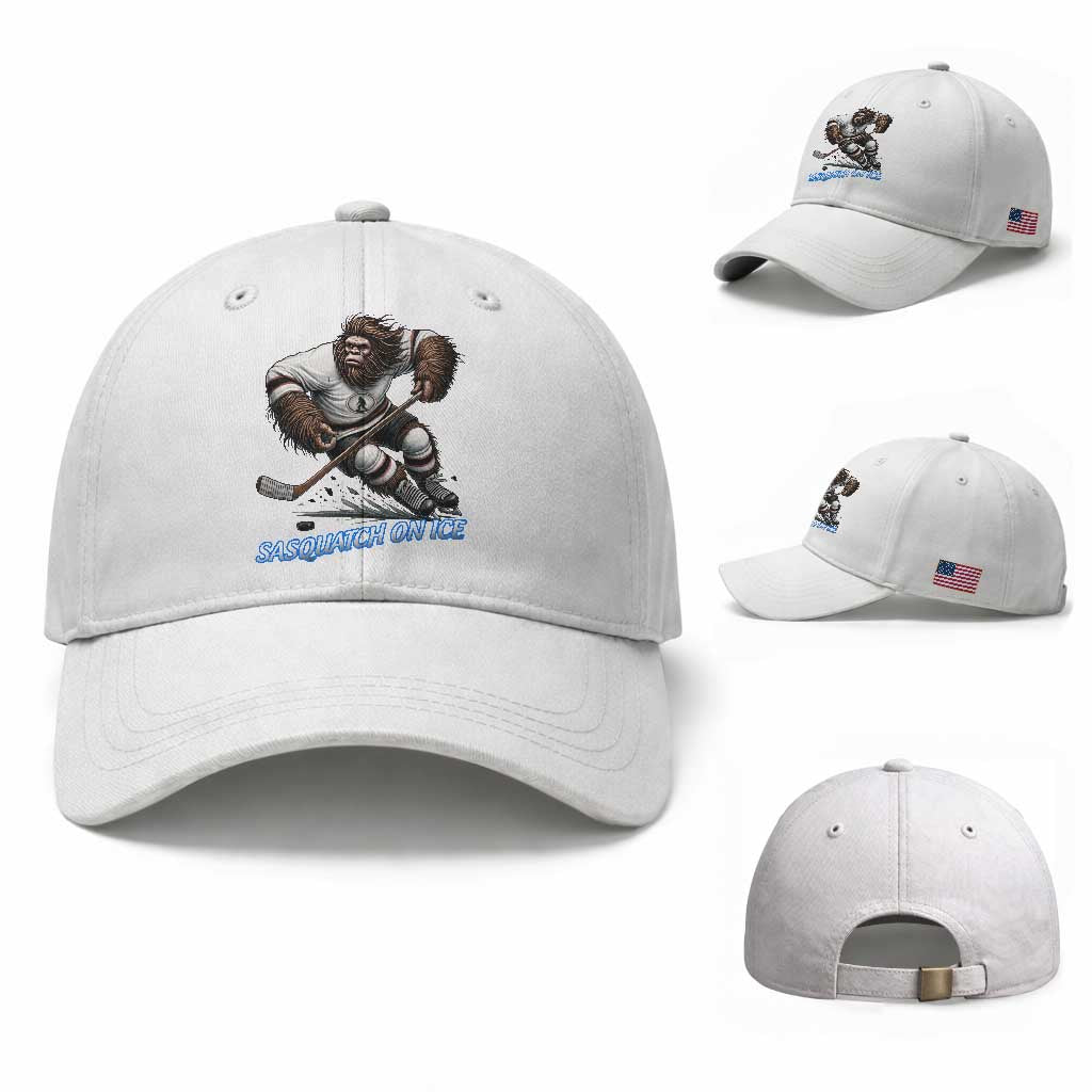 Sasquatch On Ice Baseball Cap Funny Bigfoot Hockey Player Gift TS12 Baseball Cap Universal Fit White Print Your Wear