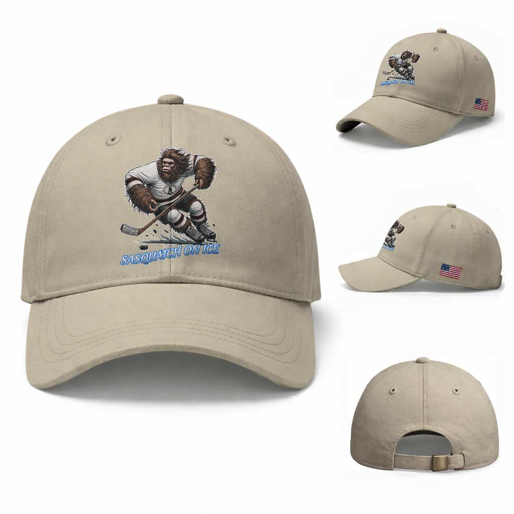 Sasquatch On Ice Baseball Cap Funny Bigfoot Hockey Player Gift TS12 Baseball Cap Universal Fit Beige Print Your Wear