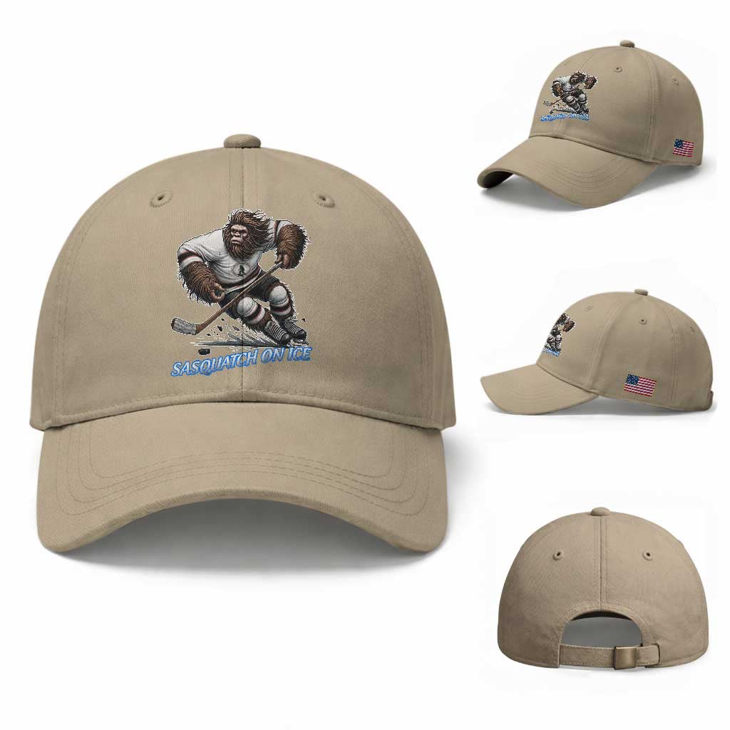 Sasquatch On Ice Baseball Cap Funny Bigfoot Hockey Player Gift TS12 Baseball Cap Universal Fit Khaki Print Your Wear