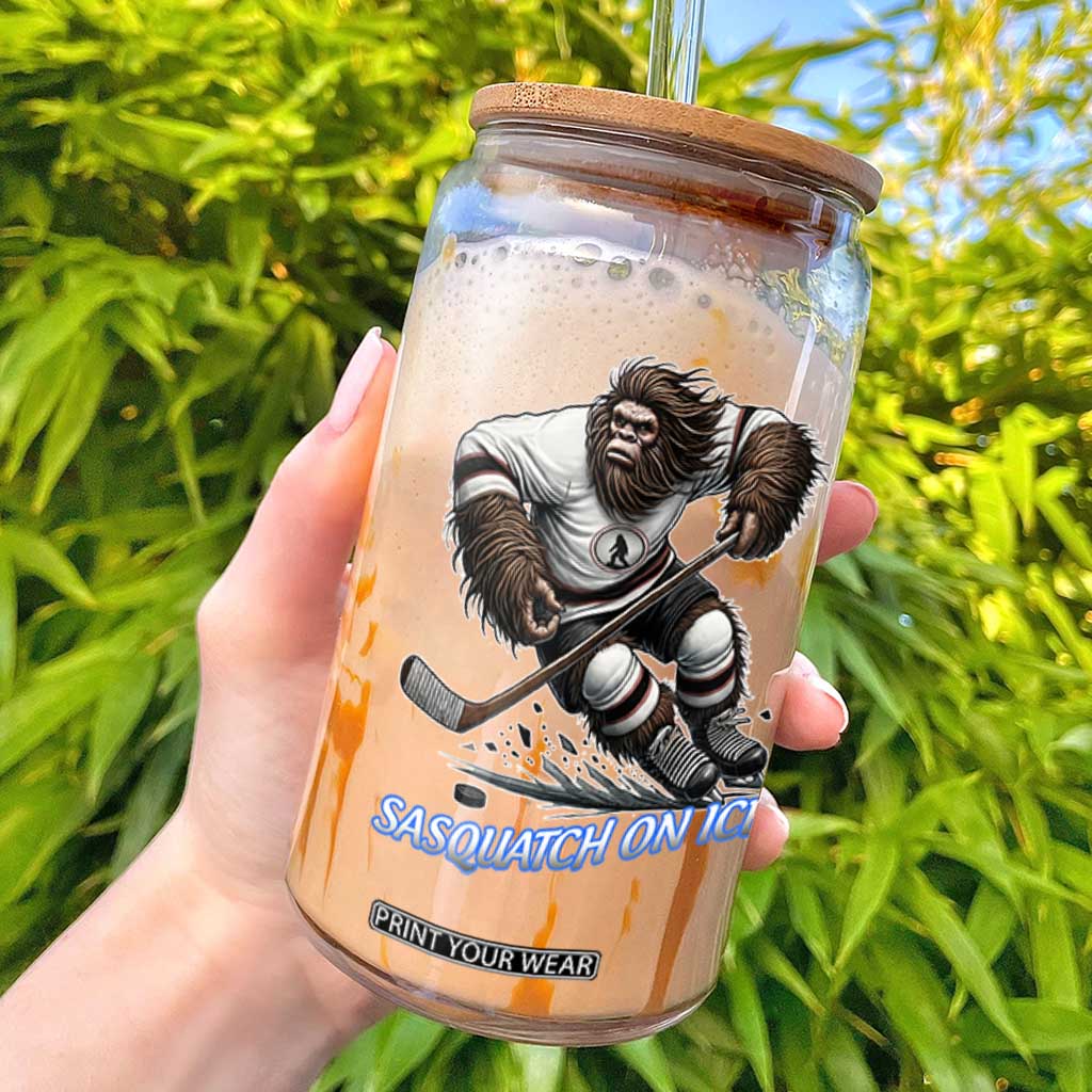 Sasquatch On Ice Glass Can Funny Bigfoot Hockey Player Gift TS12 White Print Your Wear