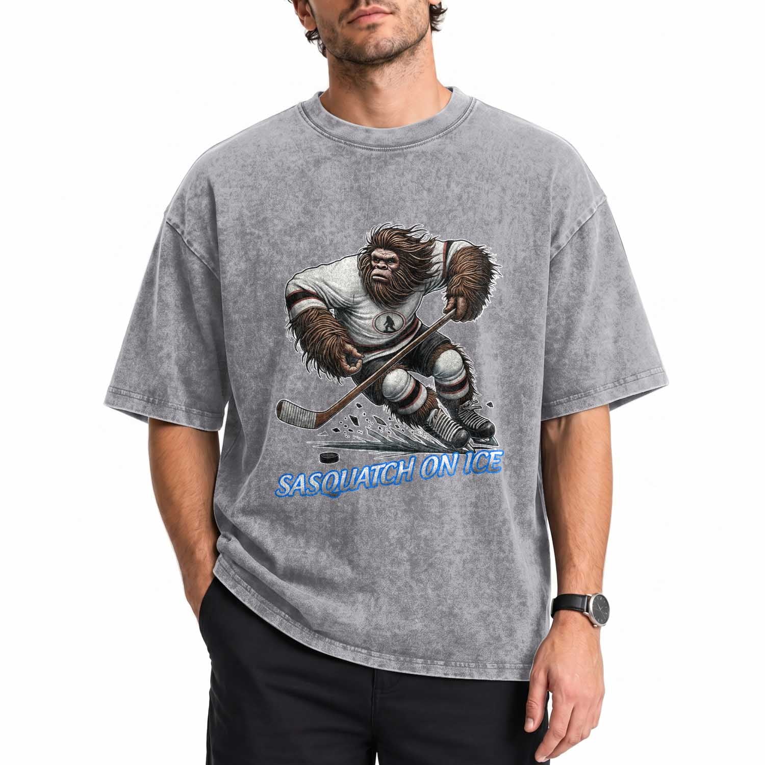 Sasquatch On Ice Washed Cotton T-Shirt Funny Bigfoot Hockey Player Gift