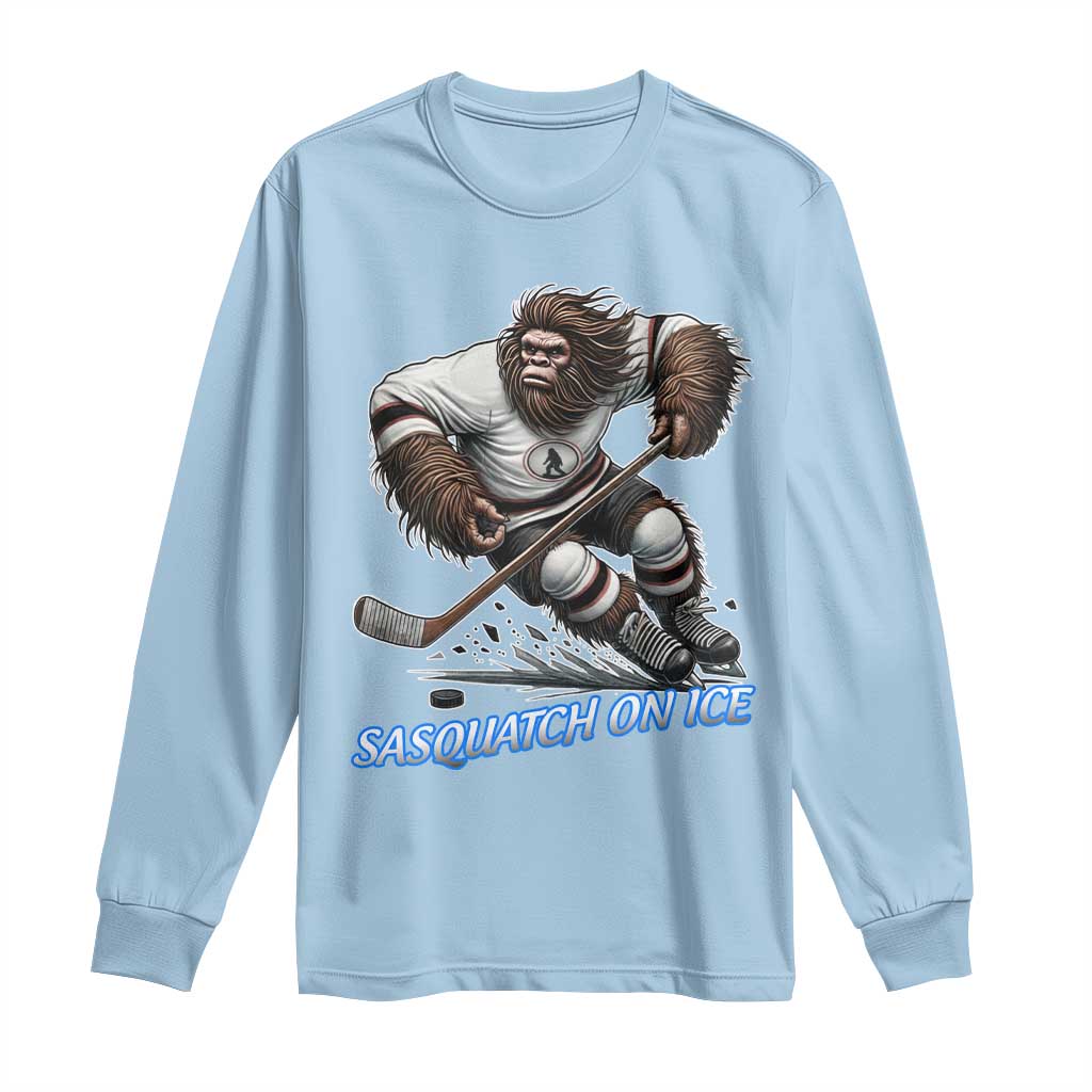 Sasquatch On Ice Long Sleeve Shirt Funny Bigfoot Hockey Player Gift TS12 Light Blue Print Your Wear
