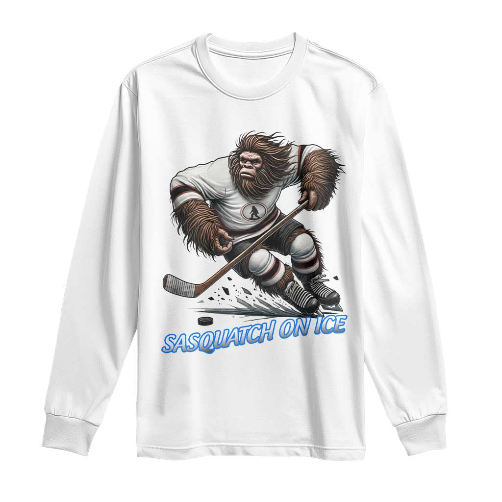 Sasquatch On Ice Long Sleeve Shirt Funny Bigfoot Hockey Player Gift TS12 White Print Your Wear