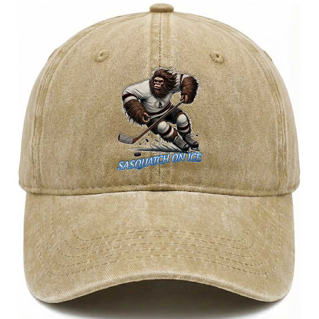 Sasquatch On Ice Washed Cotton Baseball Cap Funny Bigfoot Hockey Player Gift TS12 Print Your Wear