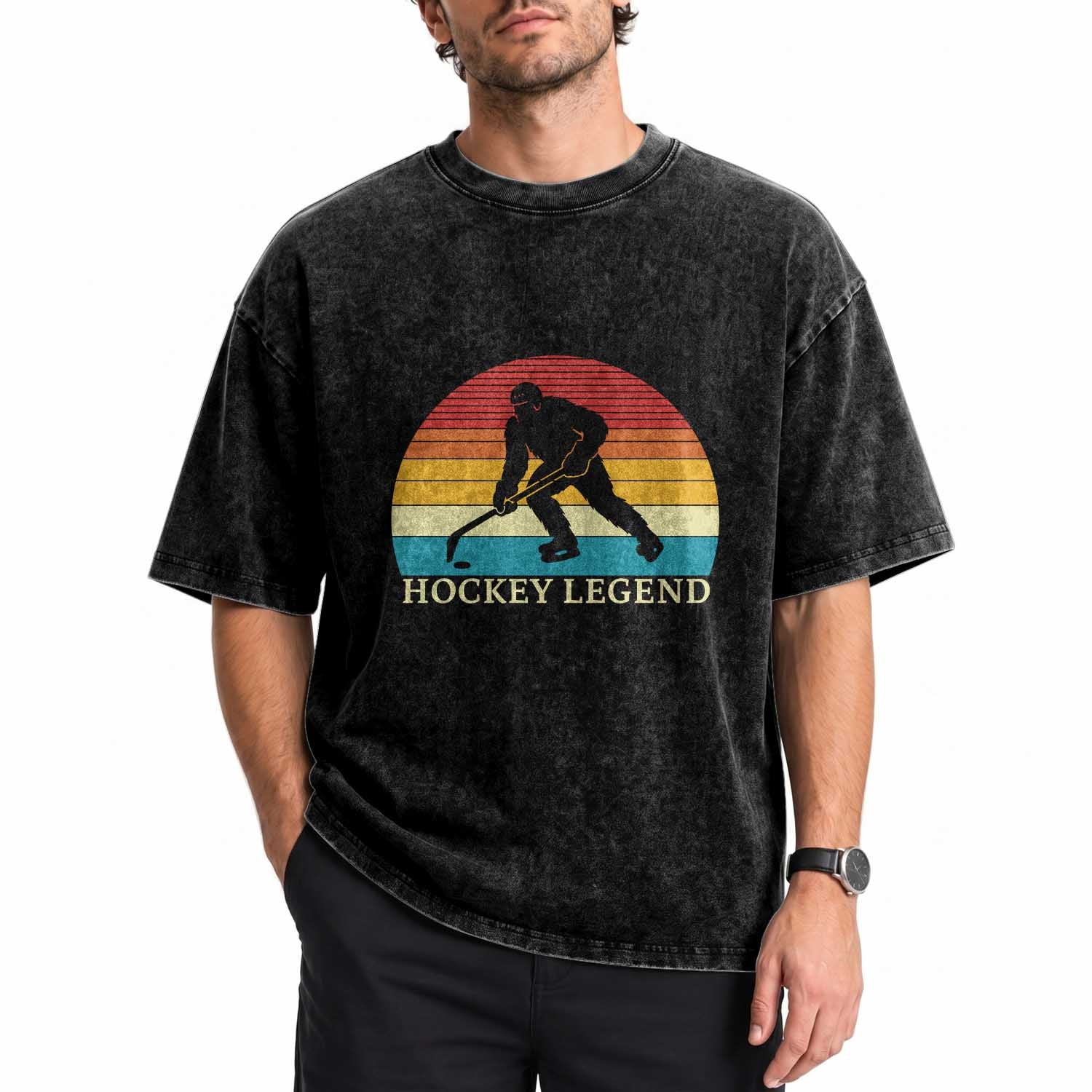 Bigfoot Hockey Legend Washed Cotton T-Shirt Retro Sasquatch Cryptid Player Gift