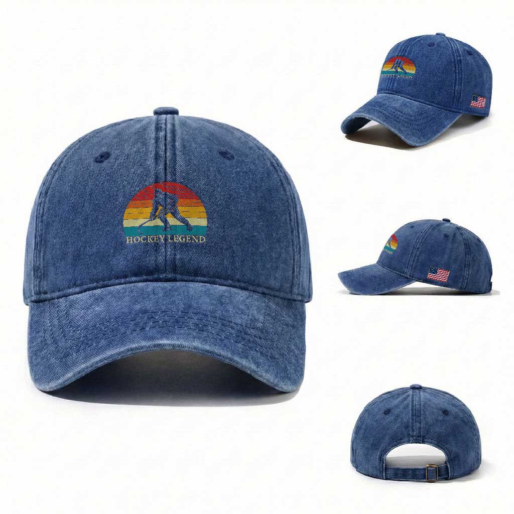 Bigfoot Hockey Legend Washed Cotton Baseball Cap Retro Sasquatch Cryptid Player Gift TS12 Washed Cap Universal Fit Royal Blue Print Your Wear