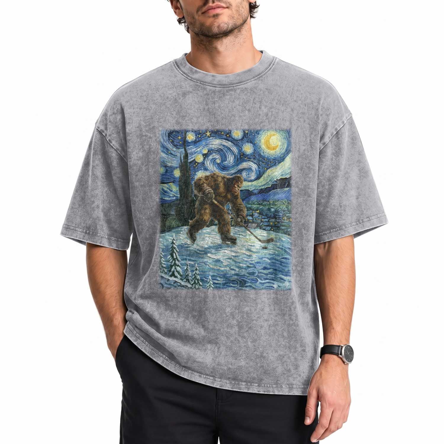 Cryptid Hockey Bigfoot Starry Night Inspired Funny Gift Washed Cotton T-Shirt