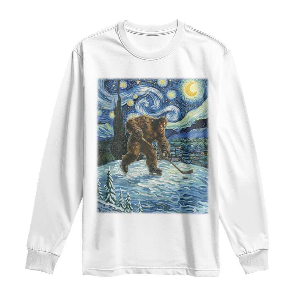 Cryptid Hockey Bigfoot Starry Night Inspired Funny Gift Long Sleeve Shirt TS12 White Print Your Wear