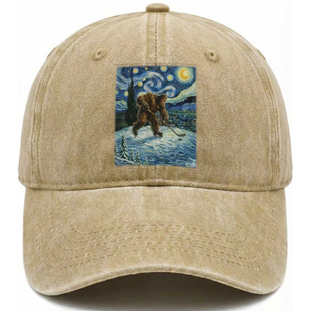 Cryptid Hockey Bigfoot Starry Night Inspired Funny Gift Washed Cotton Baseball Cap TS12 Print Your Wear