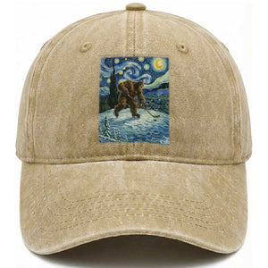 Cryptid Hockey Bigfoot Starry Night Inspired Funny Gift Washed Cotton Baseball Cap TS12 Print Your Wear