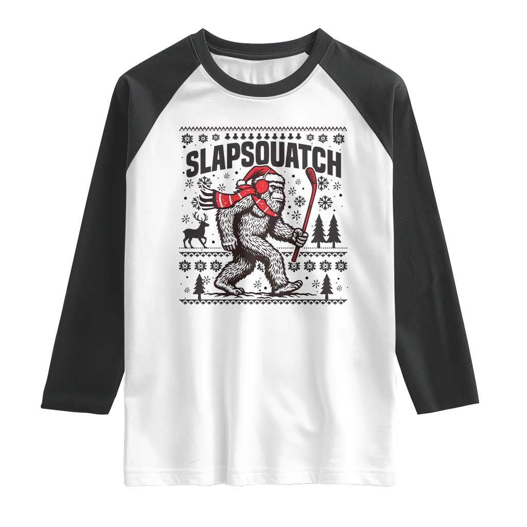 Slapsquatch Hockey Player Raglan Shirt Funny Bigfoot Ugly Christmas Gift TS12 White Black Print Your Wear
