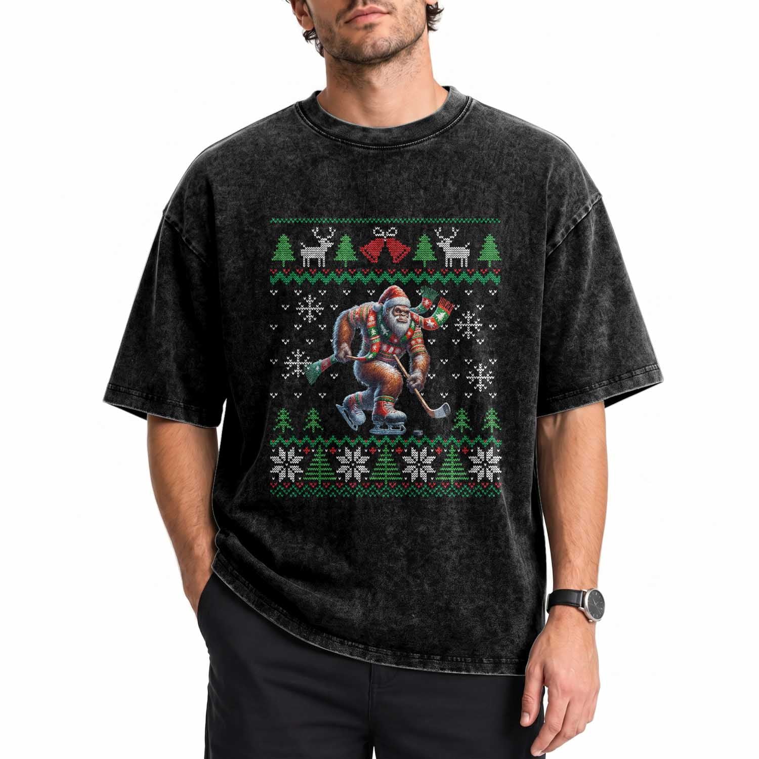 Ugly Christmas Bigfoot Playing Hockey Washed Cotton T-Shirt Funny Xmas Gift