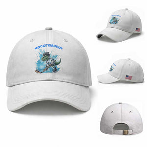 Hockeysaurus Baseball Cap Funny Dinosaur Playing Ice Hockey Gift TS12 Baseball Cap Universal Fit White Print Your Wear