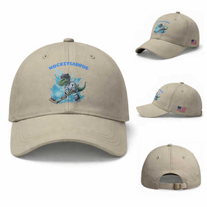 Hockeysaurus Baseball Cap Funny Dinosaur Playing Ice Hockey Gift TS12 Baseball Cap Universal Fit Beige Print Your Wear