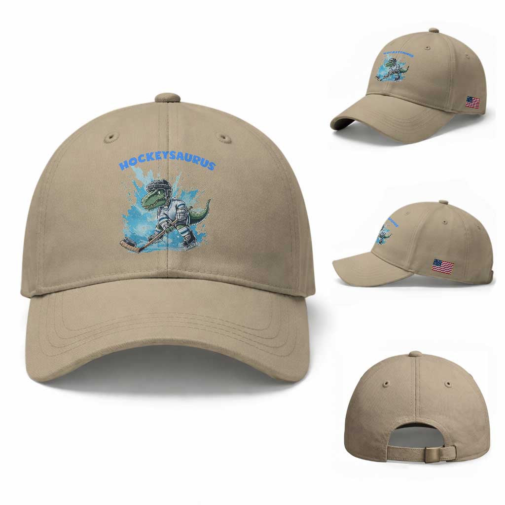 Hockeysaurus Baseball Cap Funny Dinosaur Playing Ice Hockey Gift TS12 Baseball Cap Universal Fit Khaki Print Your Wear