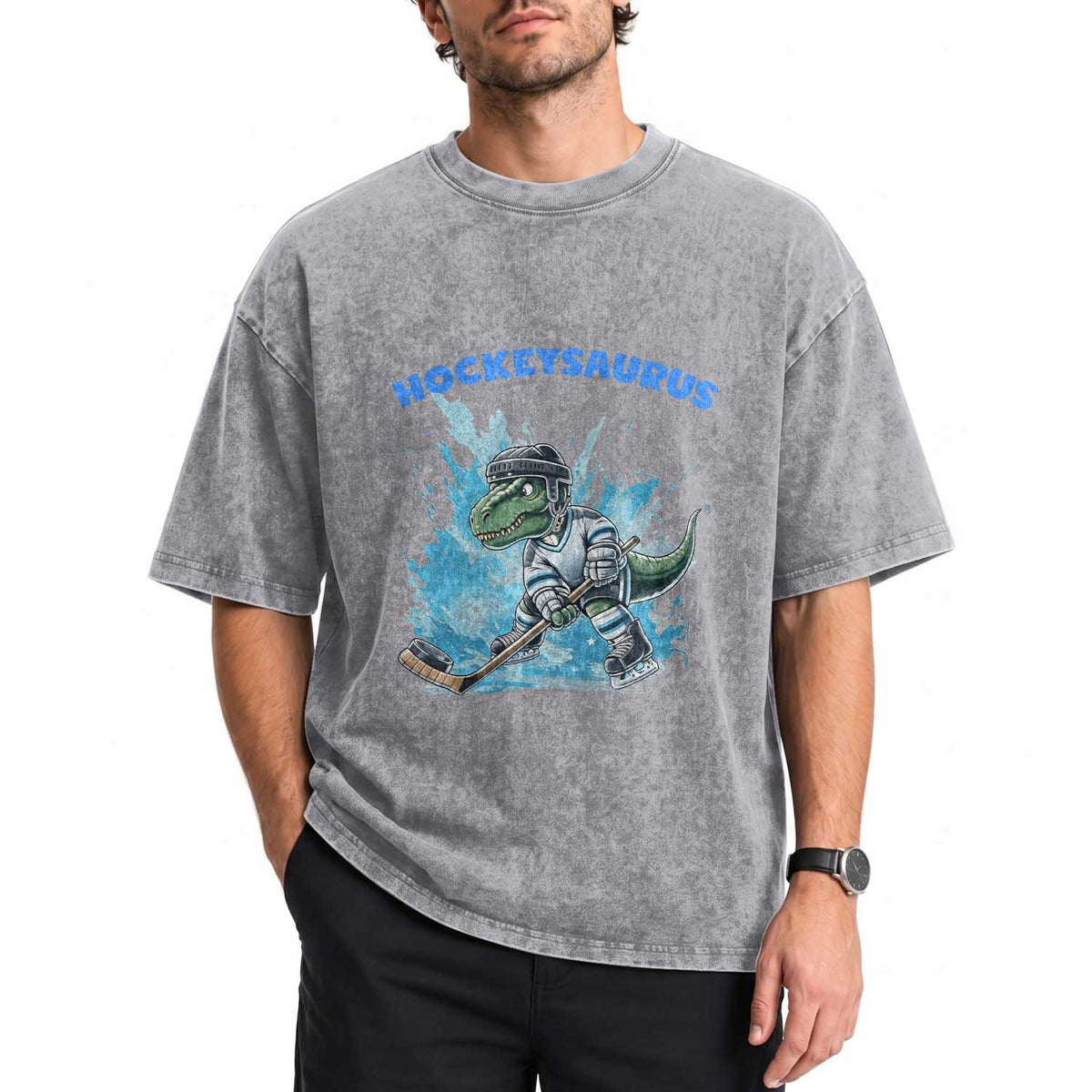 Hockeysaurus Washed Cotton T-Shirt Funny Dinosaur Playing Ice Hockey Gift