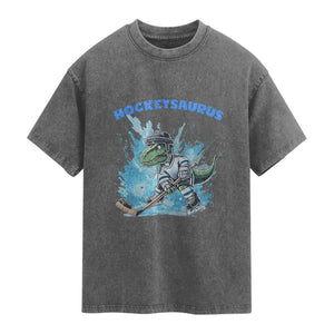 Hockeysaurus Washed Cotton T-Shirt Funny Dinosaur Playing Ice Hockey Gift