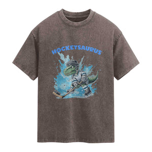 Hockeysaurus Washed Cotton T-Shirt Funny Dinosaur Playing Ice Hockey Gift
