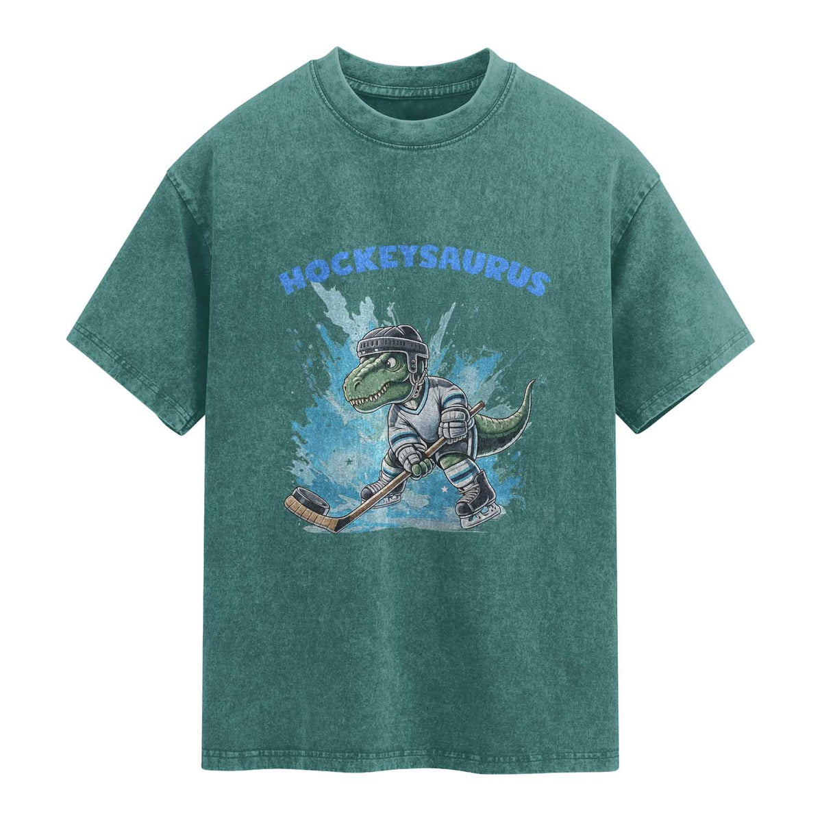 Hockeysaurus Washed Cotton T-Shirt Funny Dinosaur Playing Ice Hockey Gift