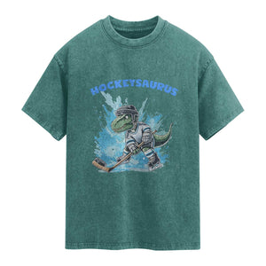 Hockeysaurus Washed Cotton T-Shirt Funny Dinosaur Playing Ice Hockey Gift