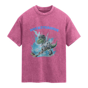 Hockeysaurus Washed Cotton T-Shirt Funny Dinosaur Playing Ice Hockey Gift