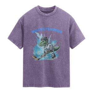 Hockeysaurus Washed Cotton T-Shirt Funny Dinosaur Playing Ice Hockey Gift