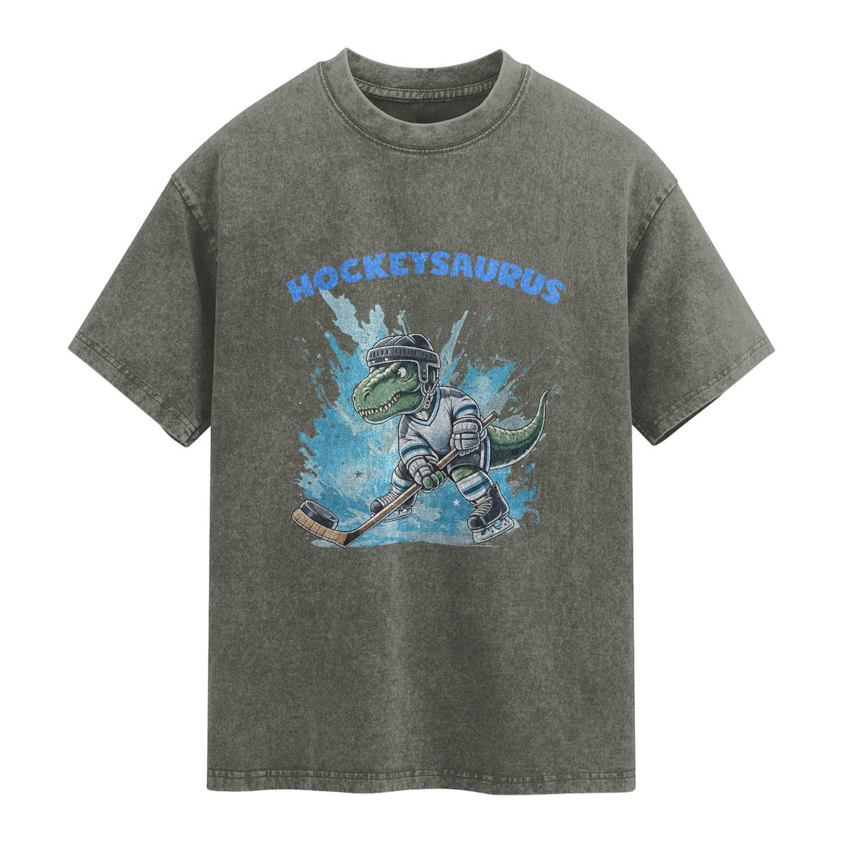 Hockeysaurus Washed Cotton T-Shirt Funny Dinosaur Playing Ice Hockey Gift