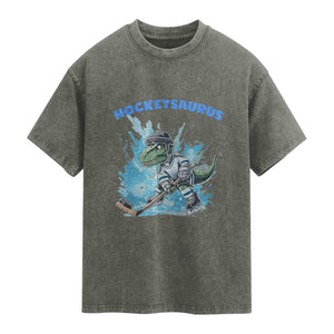 Hockeysaurus Washed Cotton T-Shirt Funny Dinosaur Playing Ice Hockey Gift