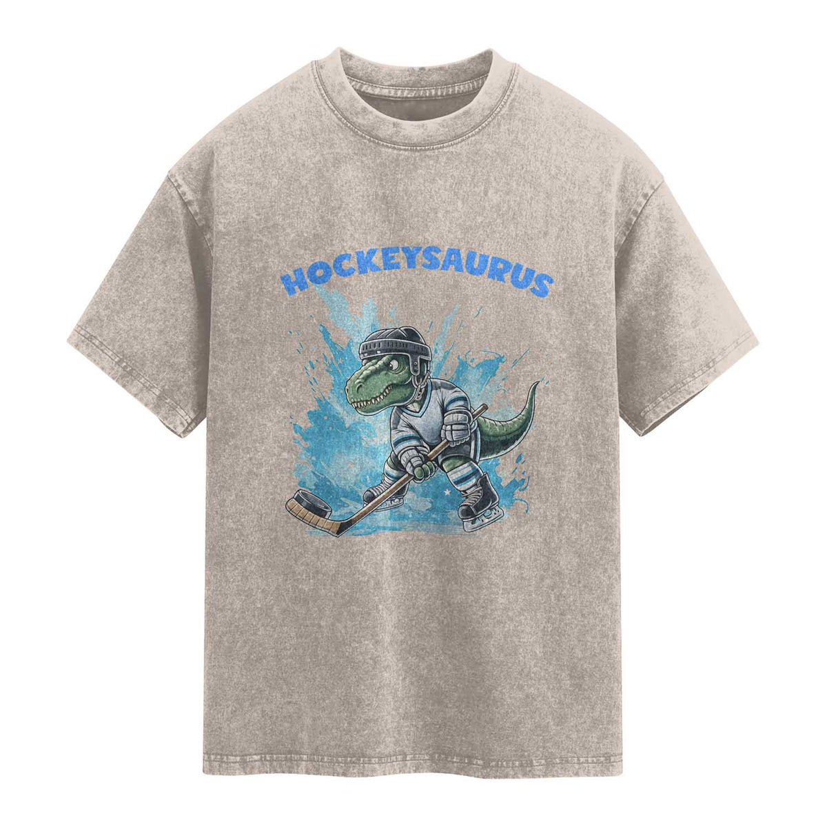 Hockeysaurus Washed Cotton T-Shirt Funny Dinosaur Playing Ice Hockey Gift