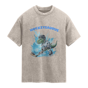 Hockeysaurus Washed Cotton T-Shirt Funny Dinosaur Playing Ice Hockey Gift