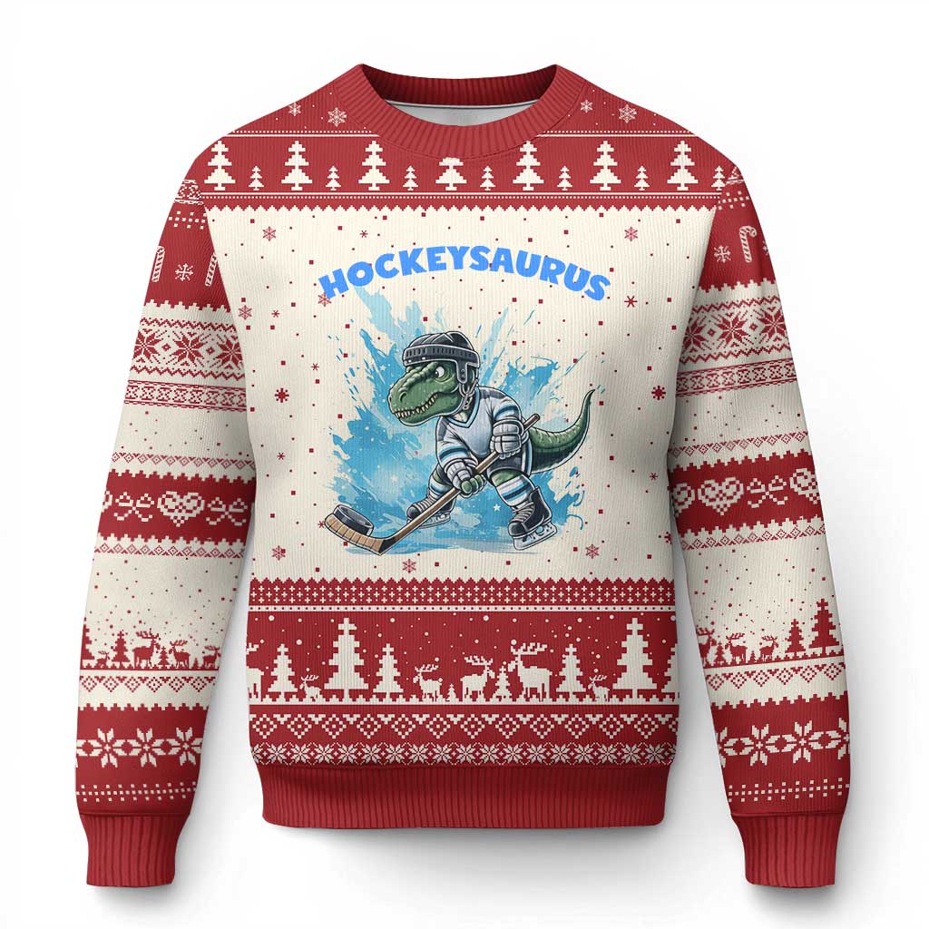 Hockeysaurus Ugly Christmas Sweater Funny Dinosaur Playing Ice Hockey Gift TS12 Beige Red Print Your Wear