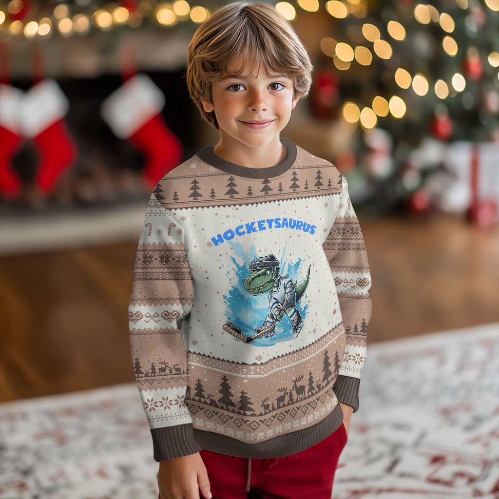 Hockeysaurus Ugly Christmas Sweater Funny Dinosaur Playing Ice Hockey Gift TS12 Mocha Mousse Print Your Wear