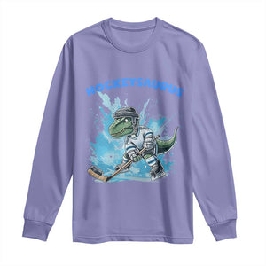Hockeysaurus Long Sleeve Shirt Funny Dinosaur Playing Ice Hockey Gift TS12 Violet Print Your Wear
