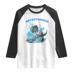 Hockeysaurus Raglan Shirt Funny Dinosaur Playing Ice Hockey Gift TS12 White Black Print Your Wear