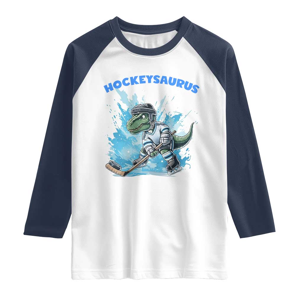 Hockeysaurus Raglan Shirt Funny Dinosaur Playing Ice Hockey Gift TS12 White Navy Print Your Wear