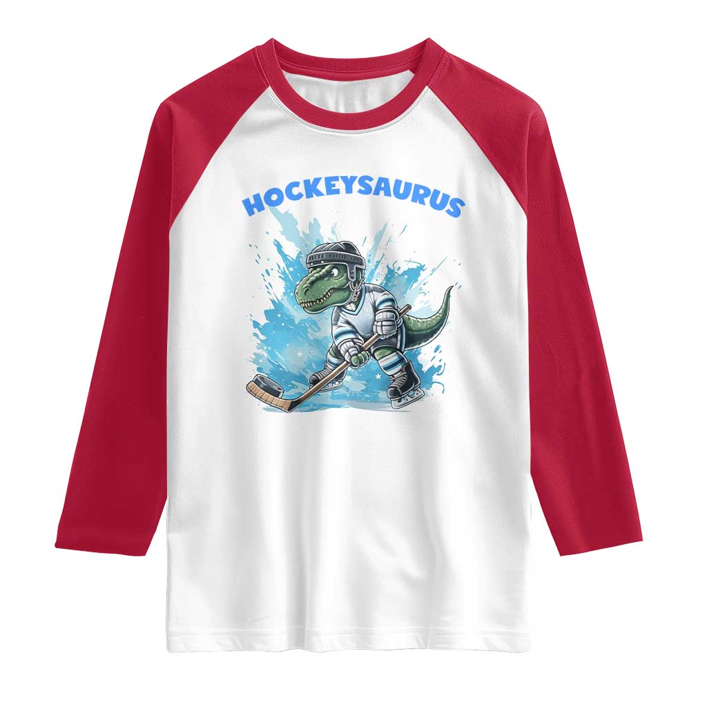 Hockeysaurus Raglan Shirt Funny Dinosaur Playing Ice Hockey Gift TS12 White Red Print Your Wear