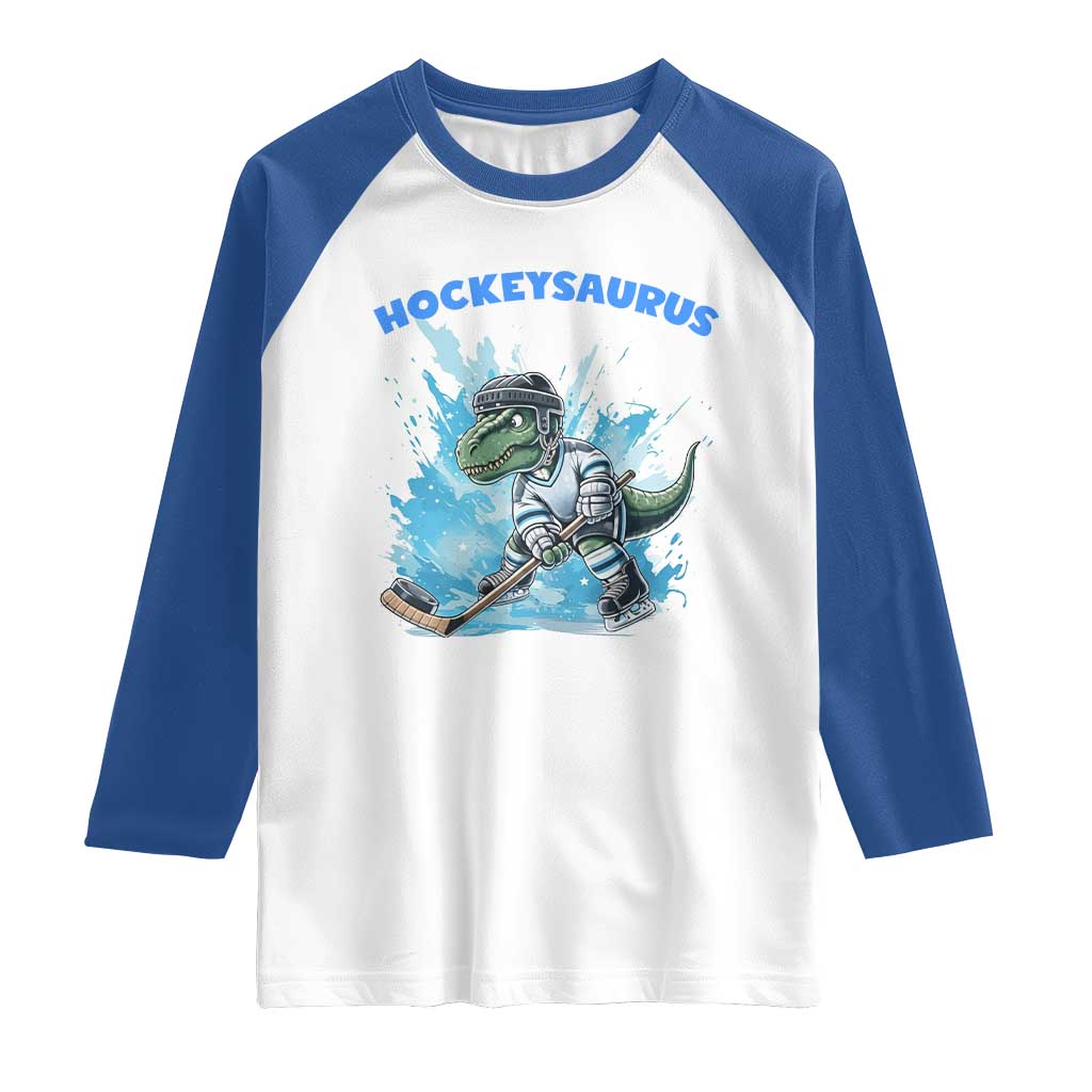 Hockeysaurus Raglan Shirt Funny Dinosaur Playing Ice Hockey Gift TS12 White Royal Print Your Wear