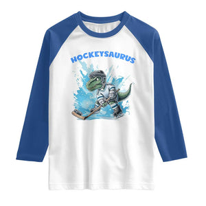 Hockeysaurus Raglan Shirt Funny Dinosaur Playing Ice Hockey Gift TS12 White Royal Print Your Wear