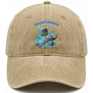 Hockeysaurus Washed Cotton Baseball Cap Funny Dinosaur Playing Ice Hockey Gift TS12 Print Your Wear