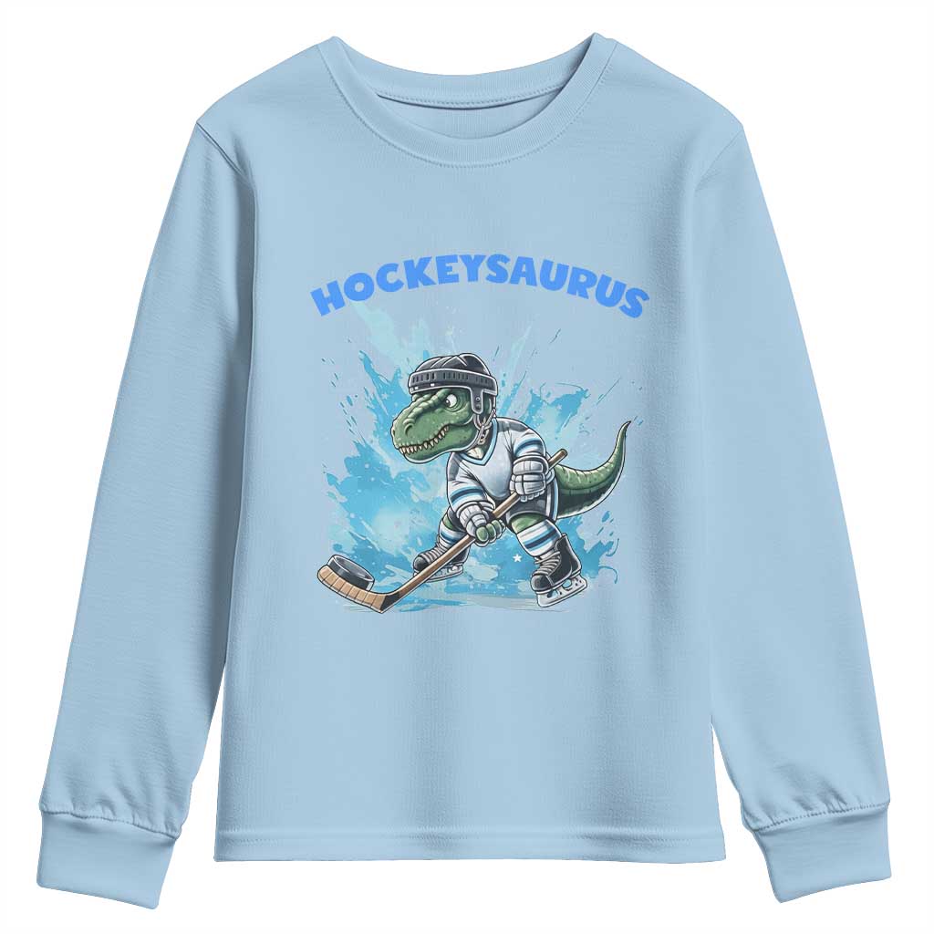 Hockeysaurus Youth Sweatshirt Funny Dinosaur Playing Ice Hockey Gift TS12 Light Blue Print Your Wear