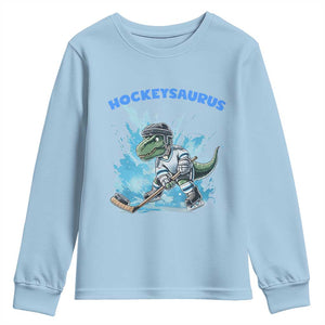 Hockeysaurus Youth Sweatshirt Funny Dinosaur Playing Ice Hockey Gift TS12 Light Blue Print Your Wear