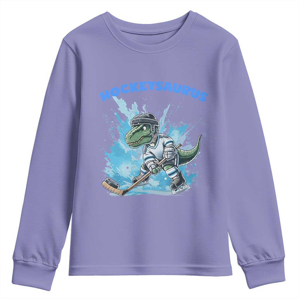 Hockeysaurus Youth Sweatshirt Funny Dinosaur Playing Ice Hockey Gift TS12 Violet Print Your Wear