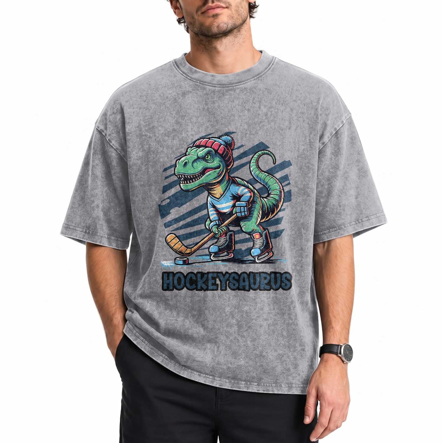 Funny Dinosaur Playing Ice Hockey Washed Cotton T-Shirt Hockeysaurus Gift For Kids
