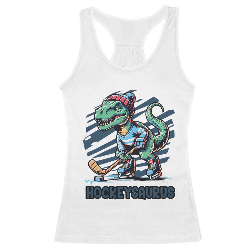 Funny Dinosaur Playing Ice Hockey Racerback Tank Top Hockeysaurus Gift For Kids TS12 White Print Your Wear