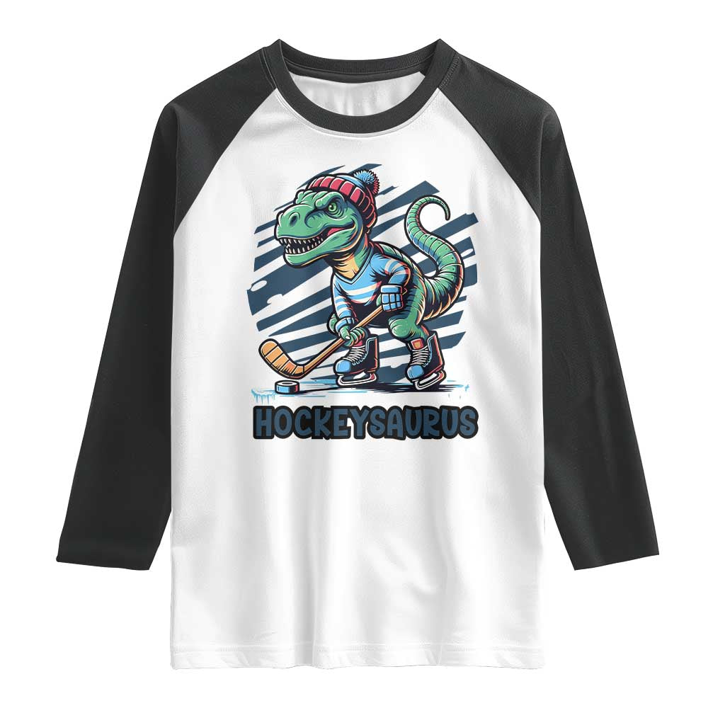 Funny Dinosaur Playing Ice Hockey Raglan Shirt Hockeysaurus Gift For Kids TS12 White Black Print Your Wear