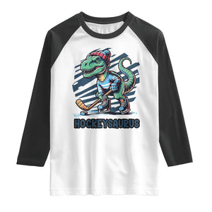 Funny Dinosaur Playing Ice Hockey Raglan Shirt Hockeysaurus Gift For Kids TS12 White Black Print Your Wear