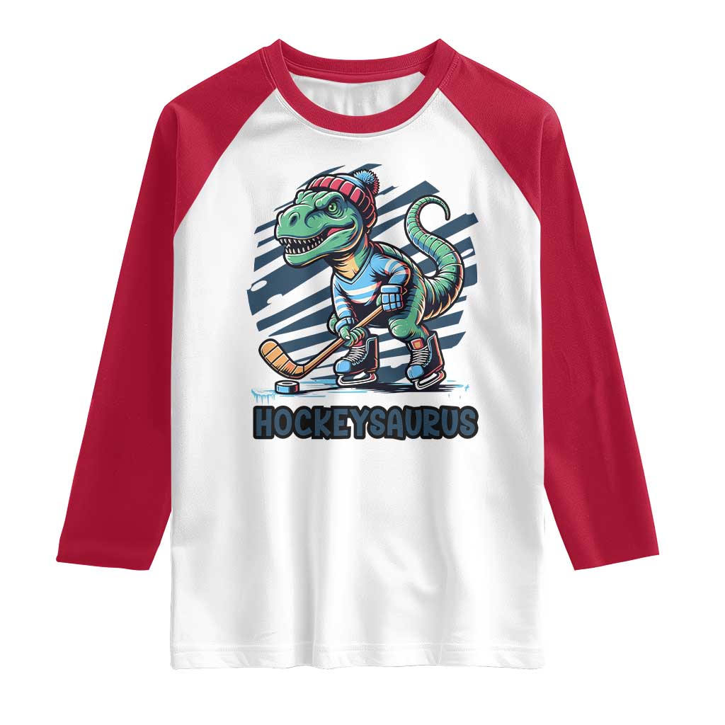 Funny Dinosaur Playing Ice Hockey Raglan Shirt Hockeysaurus Gift For Kids TS12 White Red Print Your Wear